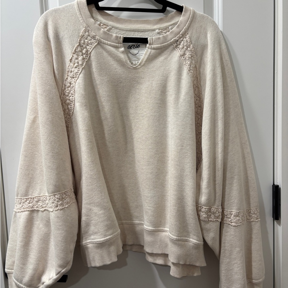 Aerie Cream Hey Crochet Sweatshirt